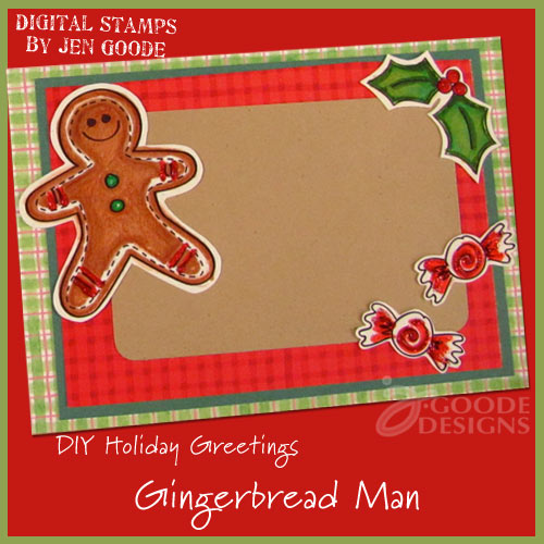Handmade notecard featuring gingerbread man art by Jen Goode