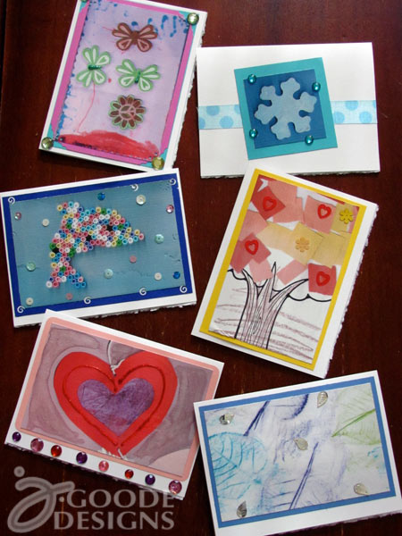 Handmade cards featuring kids art scanned with a Flip Pal mobile scanner